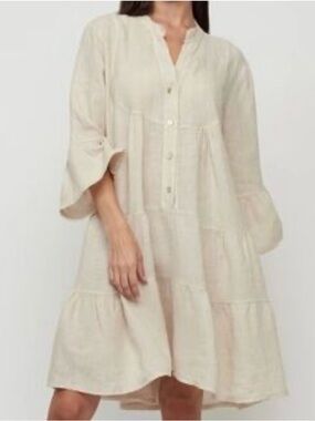 Pistache Linen Tiered Dress Ruffle Sleeve Beige Flax Made Italy Oversized S